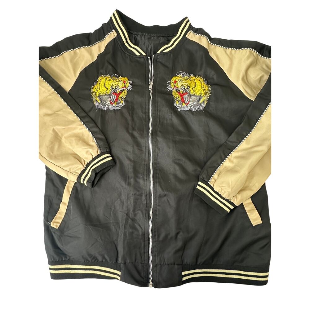 Tiger Embroidered Souvenir Bomber Jacket Black Tan Mens Large Sukajan